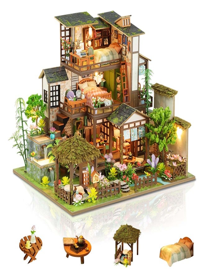 Foyucool Miniature House Kit, Tiny House Kit with Light, DIY Mini House Building Kits for Adults to Building, Unique Gift for Birthday Christmas, Bamboo Spring Courtyard - Image 1